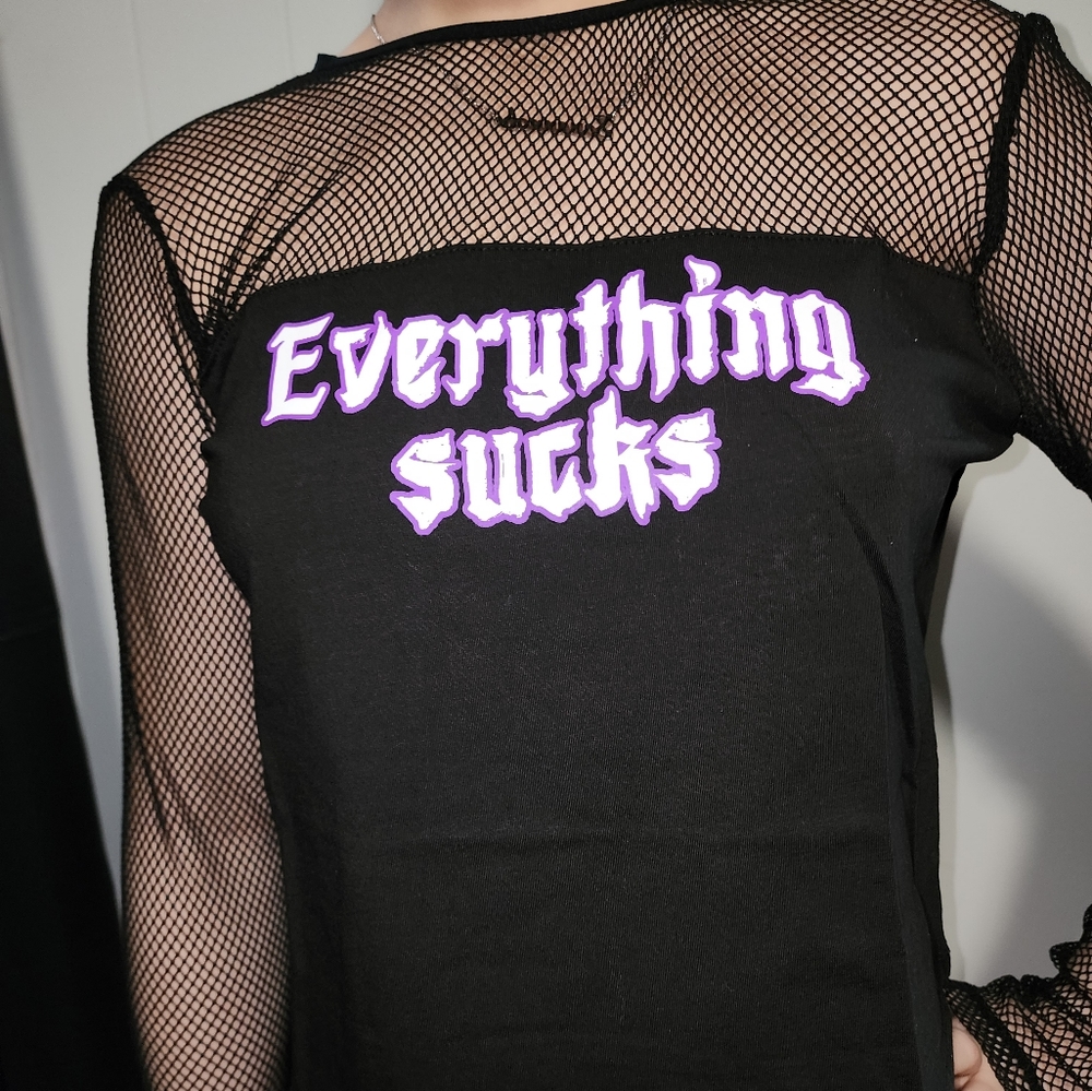NWT Dolls Kill Black , Sheer Everything Sucks Long Sleeve Tee - Picture 2 of 10